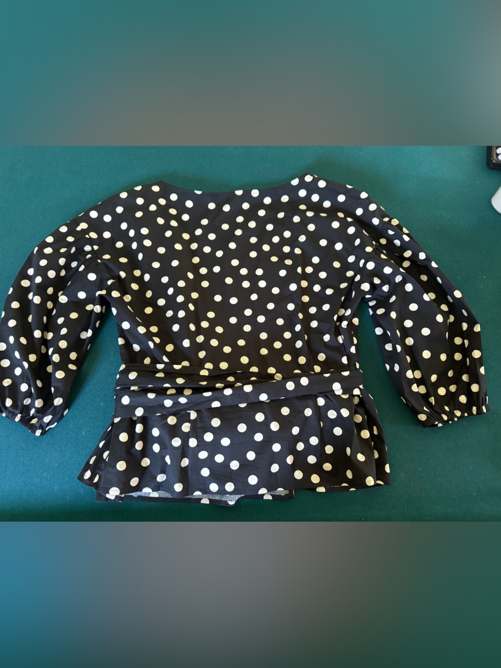 White House Black Market Black & Cream Polka Dot Puff Sleeve Wrap Blouse Sz L - Picture 11 of 12